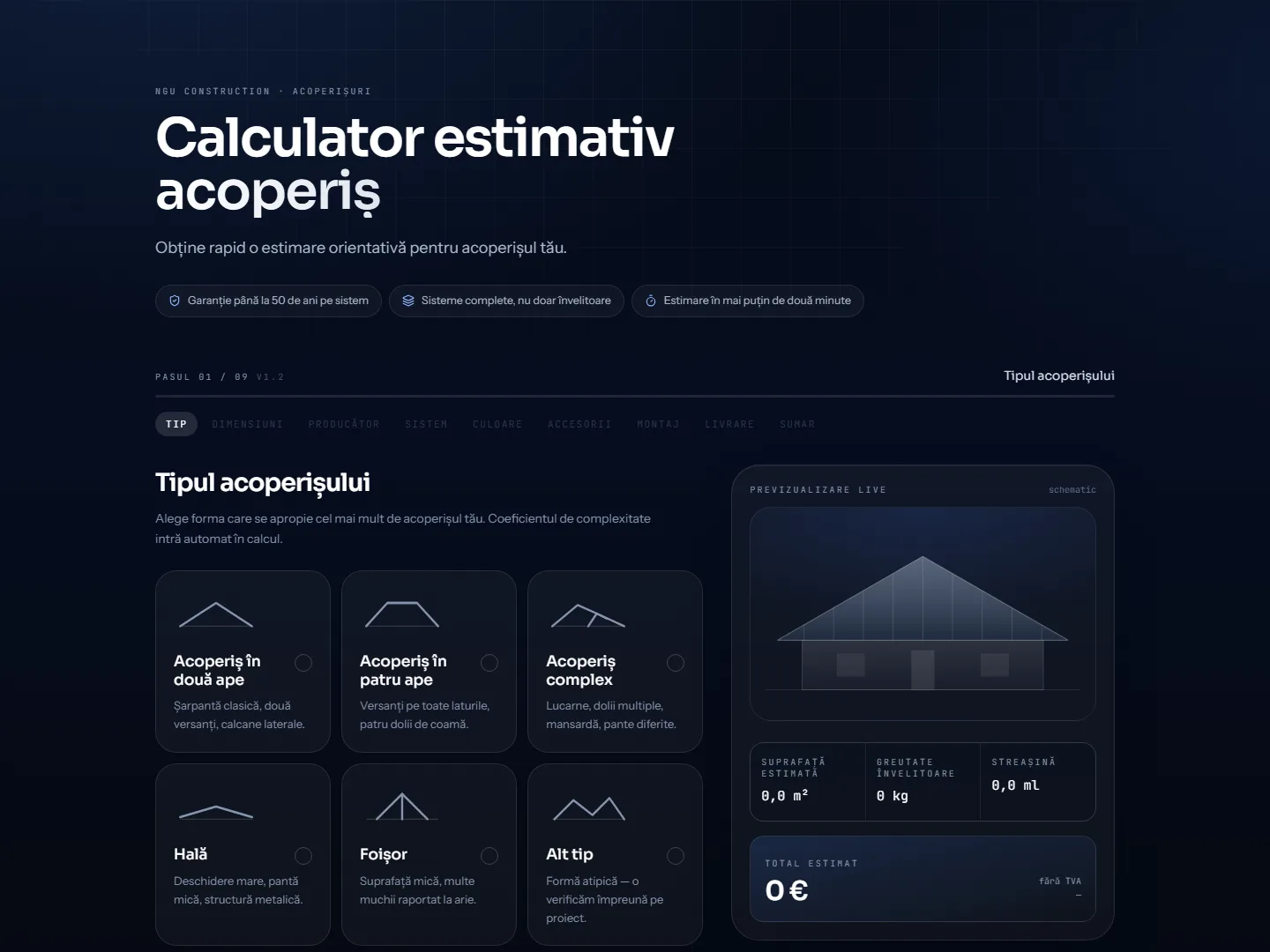 Preview NGU Construction · Calculator acoperiș